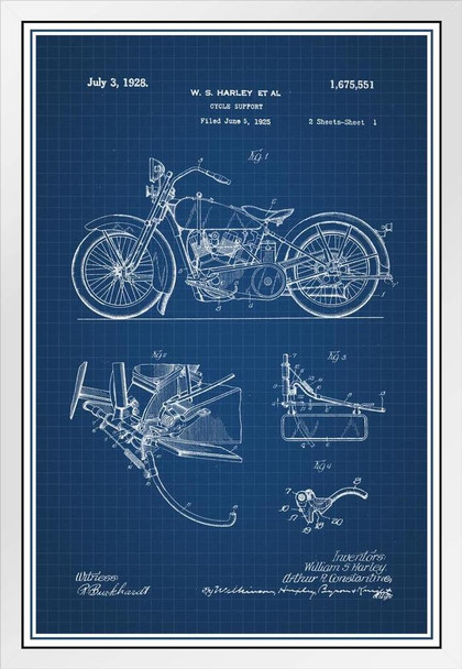 1928 Motorcycle Official Patent Blueprint White Wood Framed Poster 14x20