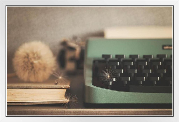Vintage Typewriter and Dandelion Photo Photograph White Wood Framed Poster 20x14