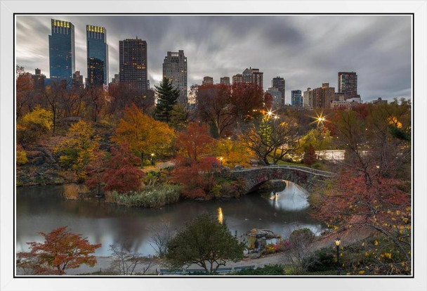 Manhattam Skyline Overlooking Lake Central Park Photo Photograph White Wood Framed Poster 20x14