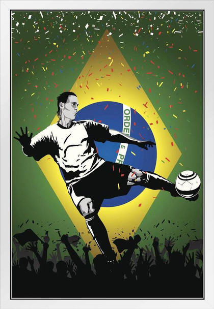 Brazil Soccer Player Sports White Wood Framed Poster 14x20