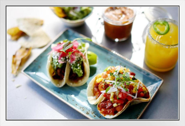 Mexican Street Tacos with Refreshing Margarita Photo Photograph White Wood Framed Poster 20x14