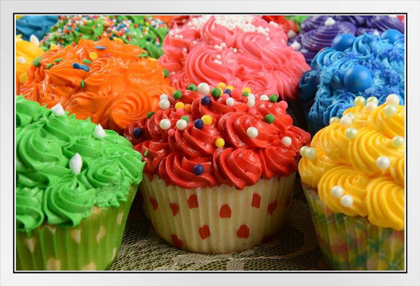 Colorful Indulgent Frosted Cupcakes with Sprinkle Photo Photograph White Wood Framed Poster 20x14