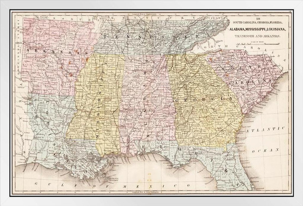 Southern United States 1867 Antique Style Map US Map with Cities in Detail Map Map Art Wall Decor Country Illustration Tourist Travel Destination White Wood Framed Art Poster 20x14