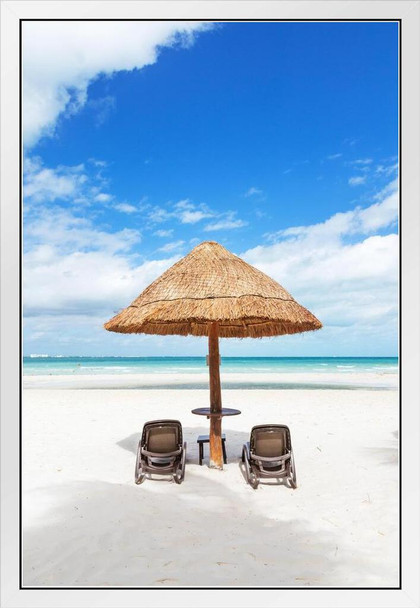 Sunshade Lounge Chairs Beer Commercial Palapa Tropical Sandy Beach II Photo Photograph Sunset Palm Landscape Pictures Ocean Scenic Scenery Paradise Scenes White Wood Framed Art Poster 14x20