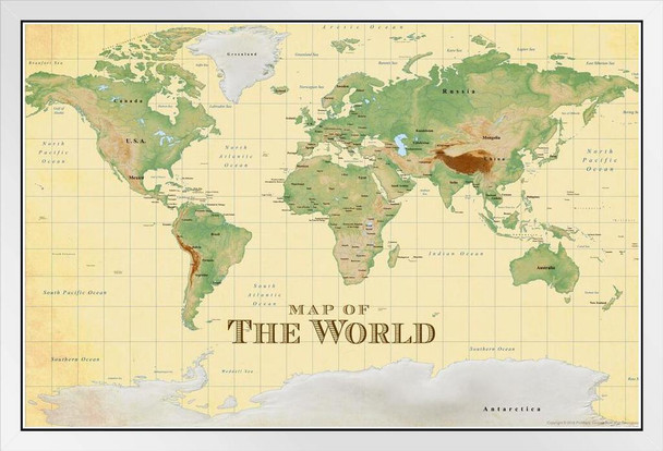 ProMaps Map of the World Vintage Style Travel World Map with Cities in Detail Map Posters Wall Map Art Wall Decor Geographical Illustration Travel Destination White Wood Framed Art Poster 14x20