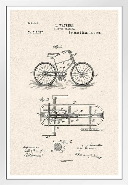 Bicycle Gearing Official Patent Diagram White Wood Framed Poster 14x20