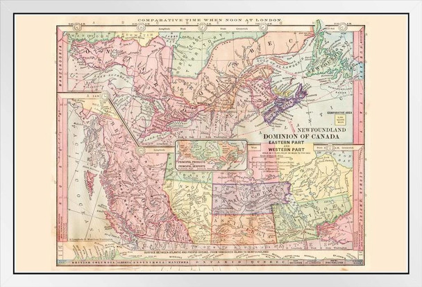 Dominion of Canada Eastern and Western Part 1886 Antique Style Map White Wood Framed Poster 20x14