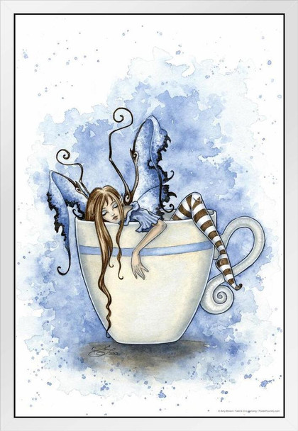 I Need Coffee by Amy Brown Poster Winged Fairy Resting In Coffee Cup Mug Funny Humor Drawing White Wood Framed Art Poster 14x20