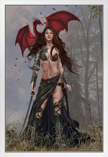 Furion Red Dragon Warrior by Nene Thomas Fantasy Poster Female Soldier Sword Goth Protector White Wood Framed Art Poster 14x20