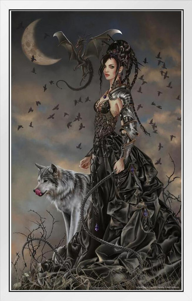 Goth Dominatrix Bella With Wolf Poster by Nene Thomas Sexy Black Leather Goddess Witch Fantasy At Night White Wood Framed Art Poster 14x20