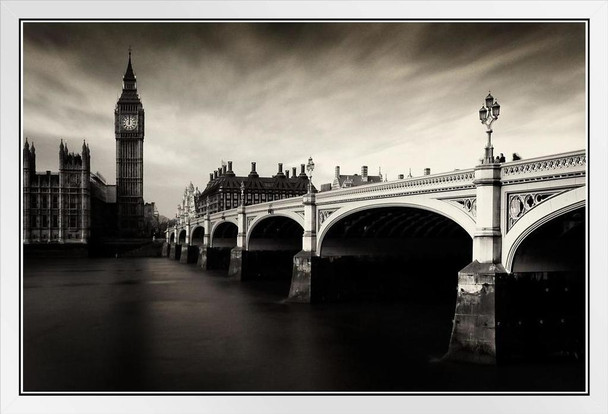 Stark London Big Ben Westminster Bridge Parliament B&W Photo Photograph White Wood Framed Poster 20x14