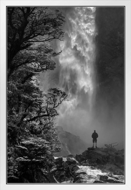 Devils Punchbowl Waterfall Falls Black and White Landscape Photo Photograph White Wood Framed Poster 14x20