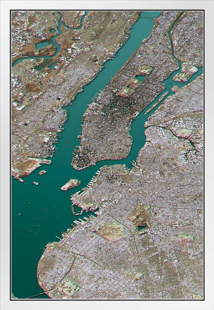 New York City Satellite View Topographic Map Landscape Photo Photograph White Wood Framed Poster 14x20