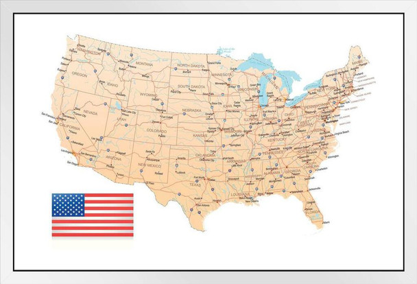 United States USA Decorative Highway Map with Flag US Map with Cities in Detail Map Posters for Wall Map Art Wall Decor Country Illustration Tourist Destinations White Wood Framed Art Poster 20x14