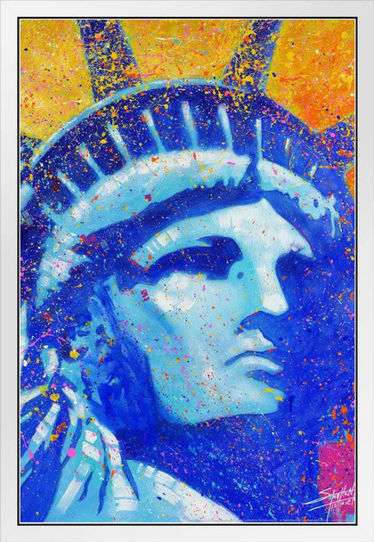 Statue of Liberty Blue Painting by Stephen Fishwick Lady Liberty Face Portrait New York City Art White Wood Framed Poster 14x20