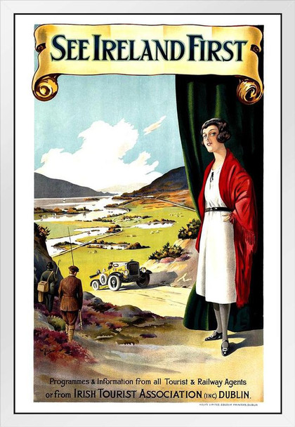 See Ireland First Irish Tourist Association Dublin Train Railway Vintage Illustration Travel White Wood Framed Poster 14x20