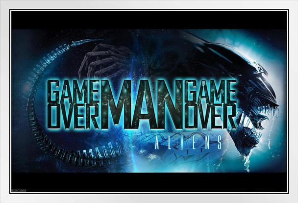 Aliens Movie Game Over Man Xenomorph Art Scary Horror Science Fiction Classic Retro White Wood Framed Poster 14x20