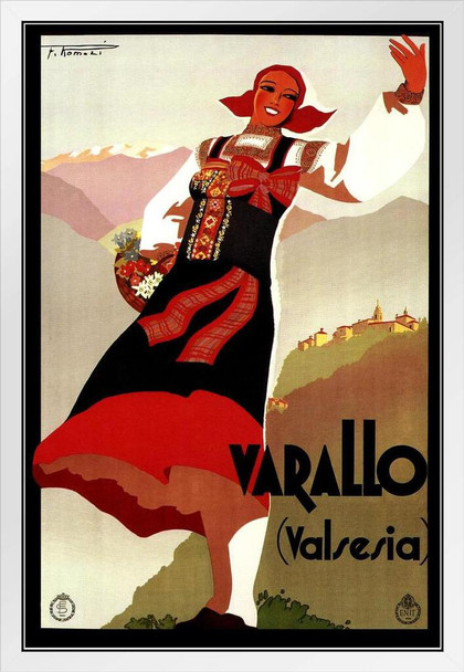 Italy Varallo Valsesia Historic Mountain Town Vintage Illustration Travel White Wood Framed Poster 14x20