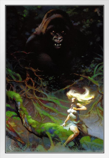 Frank Frazetta Kong Gorilla Fantasy Science Fiction Artwork Artist Monster Classic Vintage Retro Comic Book Magazine Cover 1970s White Wood Framed Poster 14x20