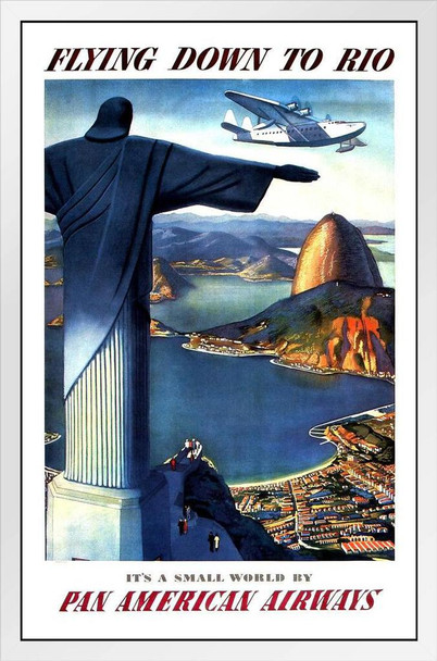 Visit Brazil Flying Down to Rio Small World Pan American Airways Christ the Redeemer Statue Vintage Illustration Travel White Wood Framed Poster 14x20