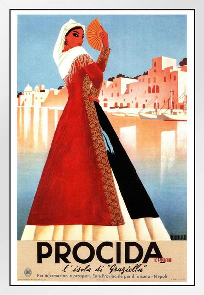 Visit Procida Napoli Naples Italy Vintage Illustration Travel White Wood Framed Poster 14x20