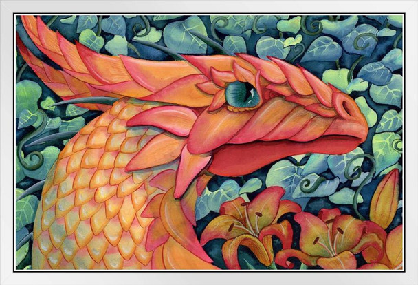Summers Peaceful Repose by Carla Morrow Orange Dragon Face Portrait Fantasy White Wood Framed Poster 14x20