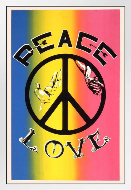 Peace and Love Rainbow Retro Vintage White Wood Framed Poster 14x20
