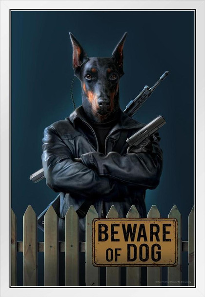 Beware of Dog Gangster Doberman Pinscher by Vincent Hie Fantasy White Wood Framed Poster 14x20