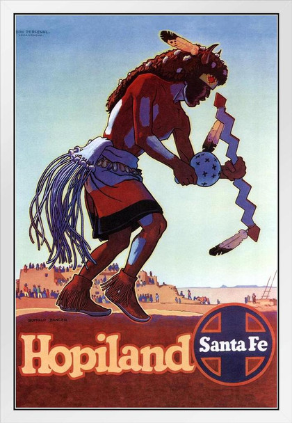 Santa Fe Railway Hopiland Indian Reservation Vintage Travel White Wood Framed Poster 14x20