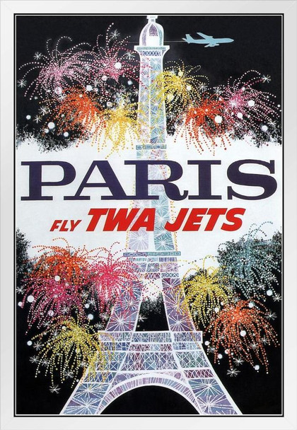 Paris Fly TWA Jets Retro Travel White Wood Framed Poster 14x20
