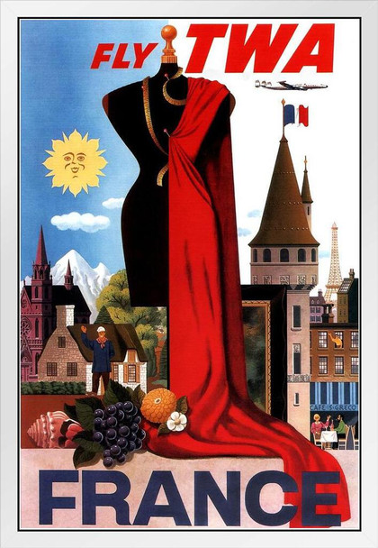 Visit France Paris Fly TWA Eiffel Tower French Flag Fashion Vintage Illustration Travel White Wood Framed Poster 14x20