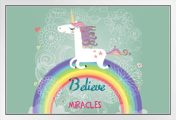 Believe In Unicorns Cute Unicorn On Rainbow White Wood Framed Poster 20x14