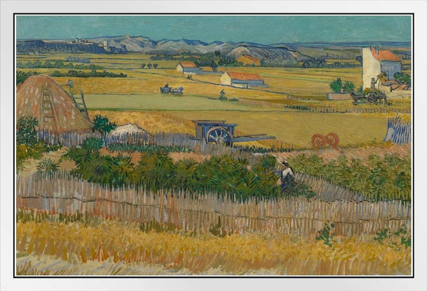 Vincent Van Gogh Harvest at La Crau with Montmajour in the Background White Wood Framed Poster 14x20