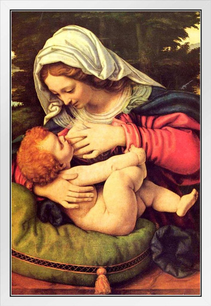 Madonna of the Green Cushion by Andrea Solario Realism Romantic Artwork Prints Biblical Drawings Portrait Painting Wall Art Renaissance Posters Canvas Art White Wood Framed Art Poster 14x20