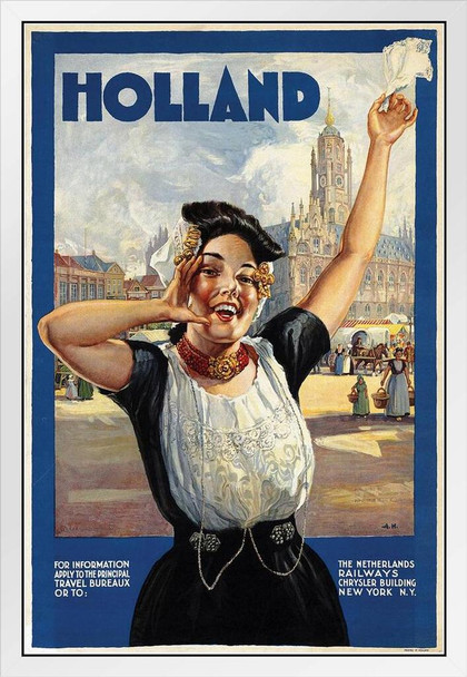 Holland Dutch Girl Vintage Travel White Wood Framed Poster 14x20