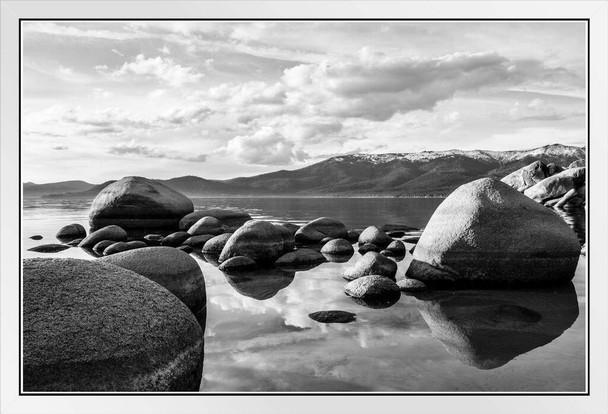 Stones Rocks Reflecting Water Lake Tahoe California Black White Photo Photograph Beach Sunset Landscape Pictures Scenic Scenery Nature Photography Paradise White Wood Framed Art Poster 20x14