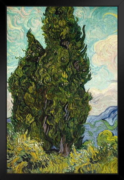 Vincent van Gogh Cypress Trees Poster 1889 Nature Dutch Post Impressionist Landscape Painting Stand or Hang Wood Frame Display 9x13