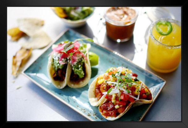 Mexican Street Tacos with Refreshing Margarita Photo Photograph Art Print Stand or Hang Wood Frame Display Poster Print 13x9