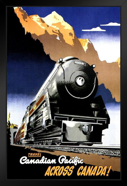Canada Canadian Express Across Canada! Locomotive Train Railroad Vintage Illustration Travel Black Wood Framed Poster 14x20