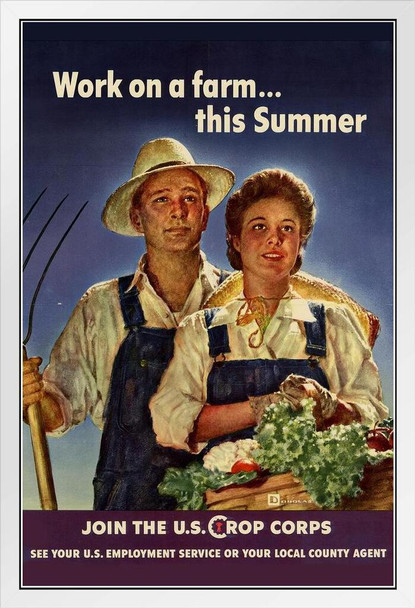 WPA War Propaganda Work On A Farm This Summer US Crop Corp White Wood Framed Poster 14x20