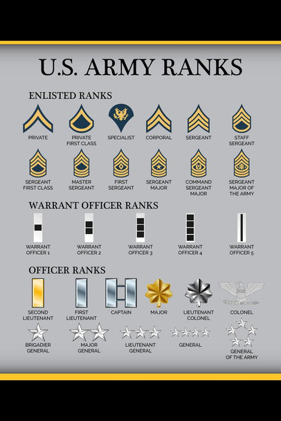 United States Army Rank Chart Reference Enlisted Officer NCO Guide American Military Uniform Support Troops Soldier Veterans Man Cave Thick Paper Sign Print Picture 8x12