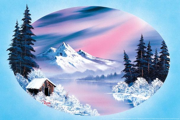 Bob Ross Winter Oval Art Print Painting Bob Ross Poster Bob Ross Collection Bob Art Paintings Happy Accidents Bob Ross Print Decor Mountains Painting Wall Art Laminated Dry Erase Wall Poster 36x24