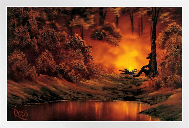 Bob Ross Campfire Art Print Canvas Painting Bob Ross Poster Bob Ross Collection Bob Art Paintings Happy Accidents Bob Ross Print Decor Mountains Painting White Wood Framed Art Poster 14x20
