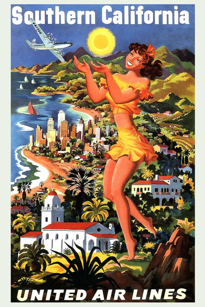 Southern California United Air Lines Airlines Illustrated Vintage Travel Cool Huge Large Giant Poster Art 36x54