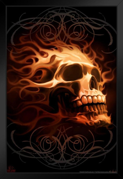 Flaming Skull Tom Wood Fantasy Horror Flames Head Poster Scary Ride Or Die Drawing Stand or Hang Wood Frame Display 9x13