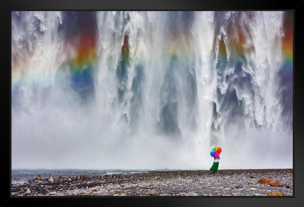 Young Woman with Rainbow Umbrella Near Waterfall Skogafoss Iceland Photo Photograph Art Print Stand or Hang Wood Frame Display Poster Print 13x9