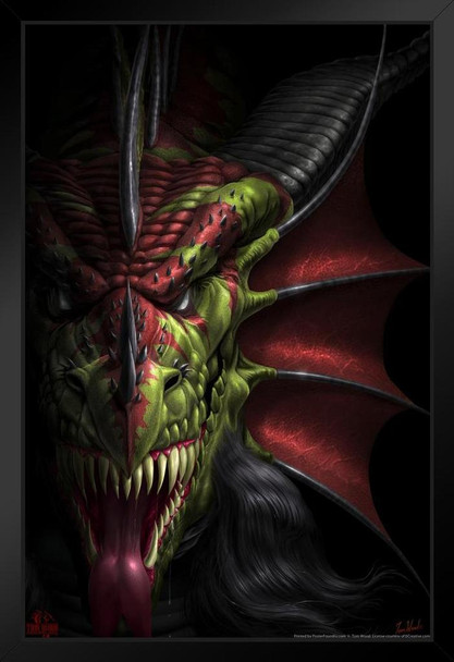Lair of Shadows Evil Dragon Face by Tom Wood Fantasy Poster Red Green Dragon Fangs Mouth Closeup Stand or Hang Wood Frame Display 9x13