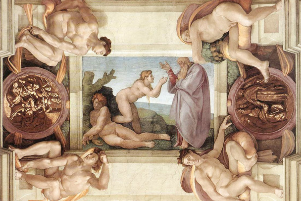 Michelangelo Creation Of Eve With Ignudi And Medallions Fine Art Cool Wall Decor Art Print Poster 18x12