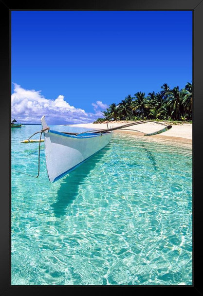 Boat and Beach on Dako Island Philippines Photo Photograph Sunset Palm Landscape Pictures Ocean Scenic Scenery Tropical Nature Photography Paradise Scenes Stand or Hang Wood Frame Display 9x13