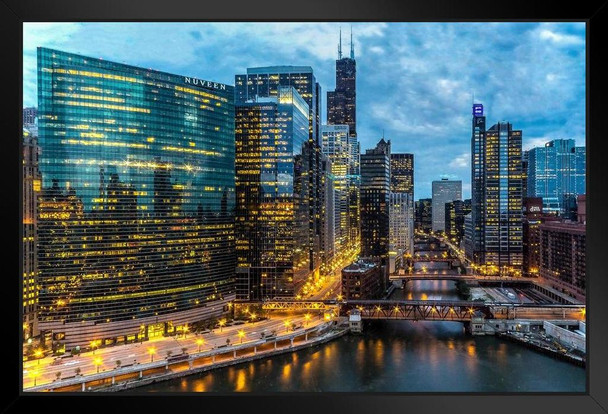 Chicago Skyline Along River at Sunset Photo Photograph Art Print Stand or Hang Wood Frame Display Poster Print 13x9